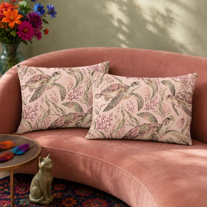 Blush Meadow Sea Turtle pillowcase set — watercolor sea turtles among pink coral, sage seagrass and shells on blush pink