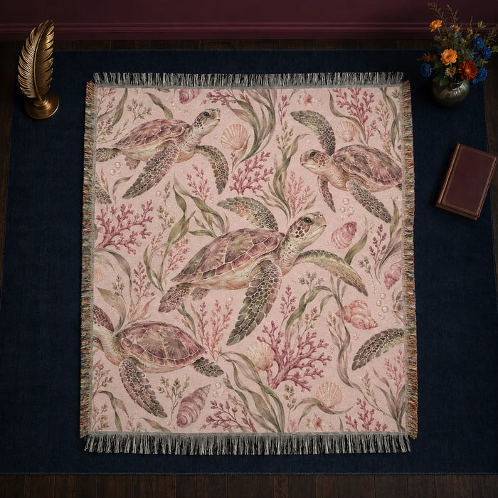 Blush Meadow Sea Turtle woven throw blanket — watercolor sea turtles among pink coral, sage seagrass and shells on blush pink