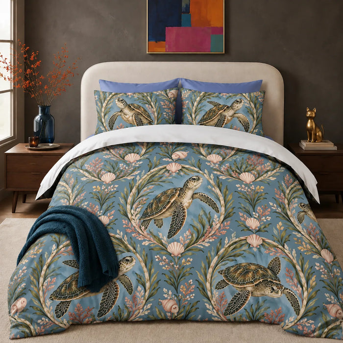 Botanical Medallions Sea Turtle comforter set — olive sea turtles inside oval seaweed medallions with blush shells on dusty blue