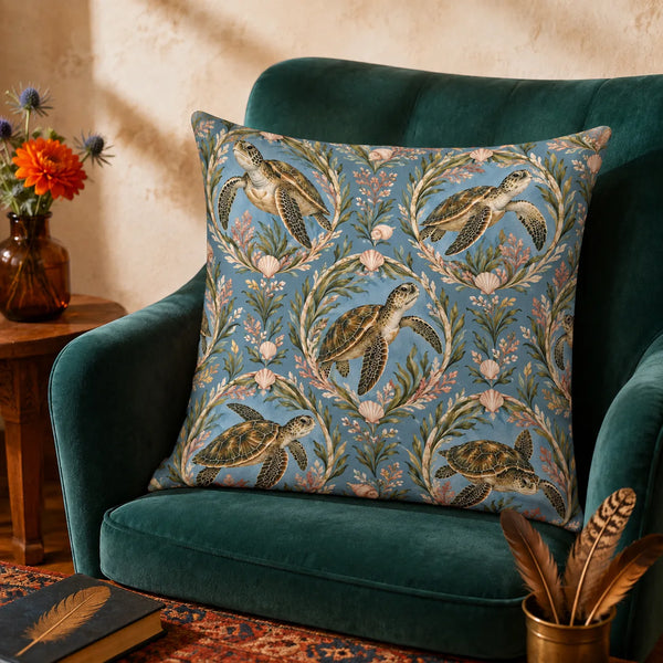 Botanical Medallions Sea Turtle cushion cover set — olive sea turtles inside oval seaweed medallions with blush shells on dusty blue
