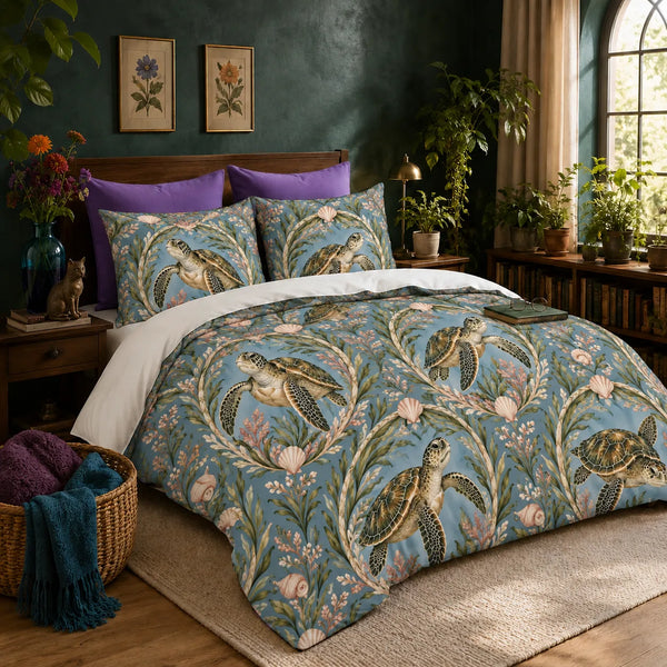 Botanical Medallions Sea Turtle duvet cover set — olive sea turtles inside oval seaweed medallions with blush shells on dusty blue