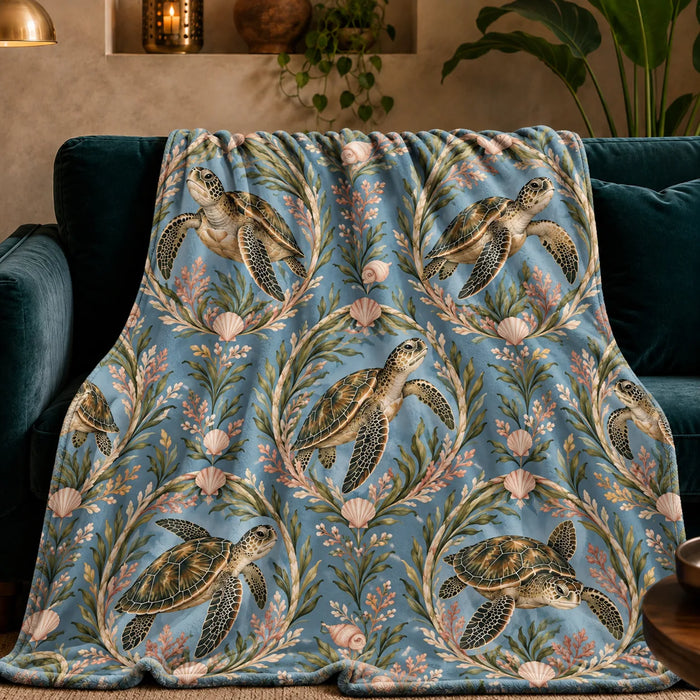 Botanical Medallions Sea Turtle fleece throw blanket — olive sea turtles inside oval seaweed medallions with blush shells on dusty blue