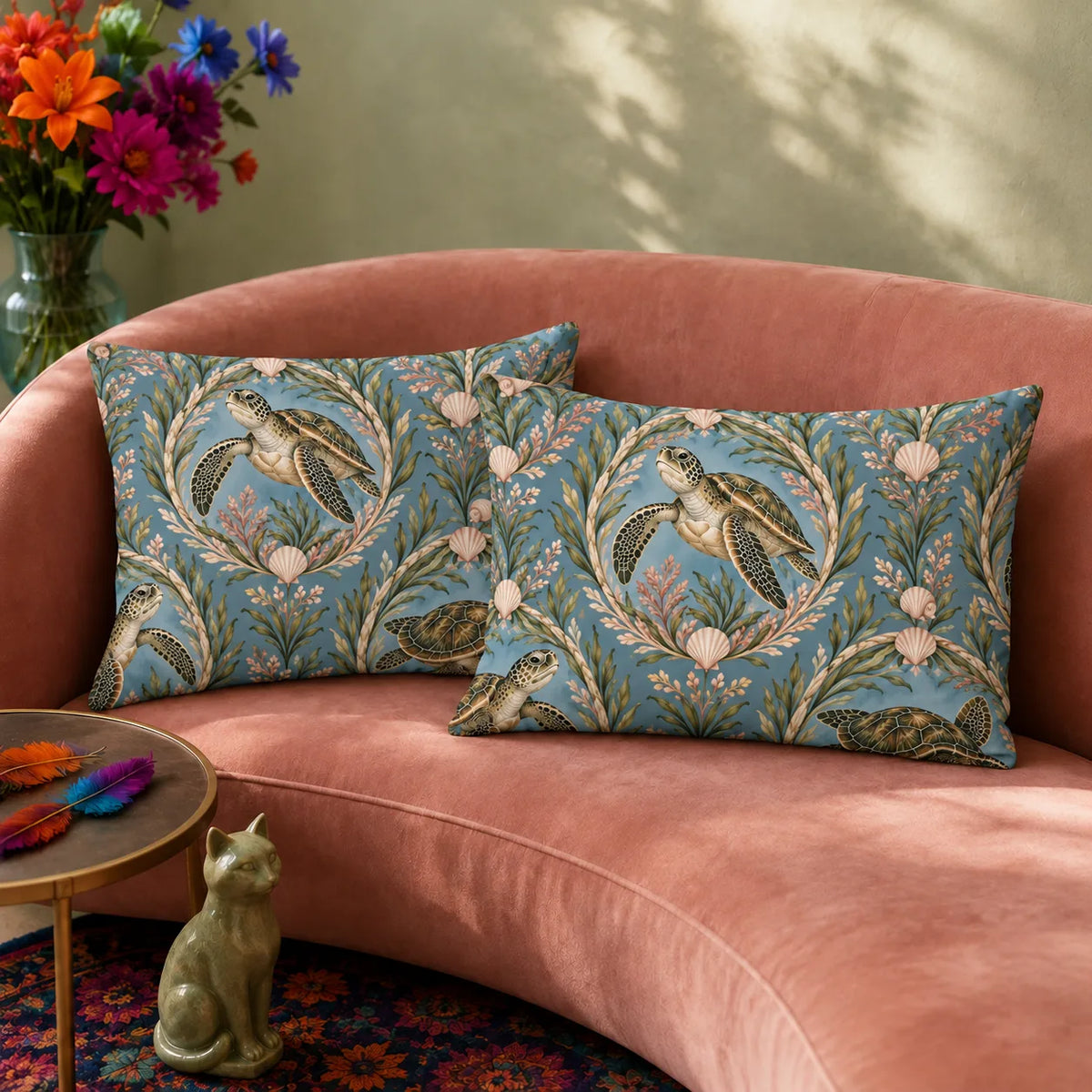 Botanical Medallions Sea Turtle pillowcase set — olive sea turtles inside oval seaweed medallions with blush shells on dusty blue