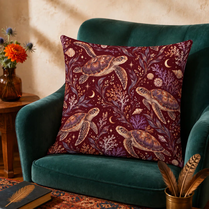 Burgundy Night Sea Turtle cushion cover set — copper sea turtles with purple coral, shells, crescent moons and stars on deep burgundy
