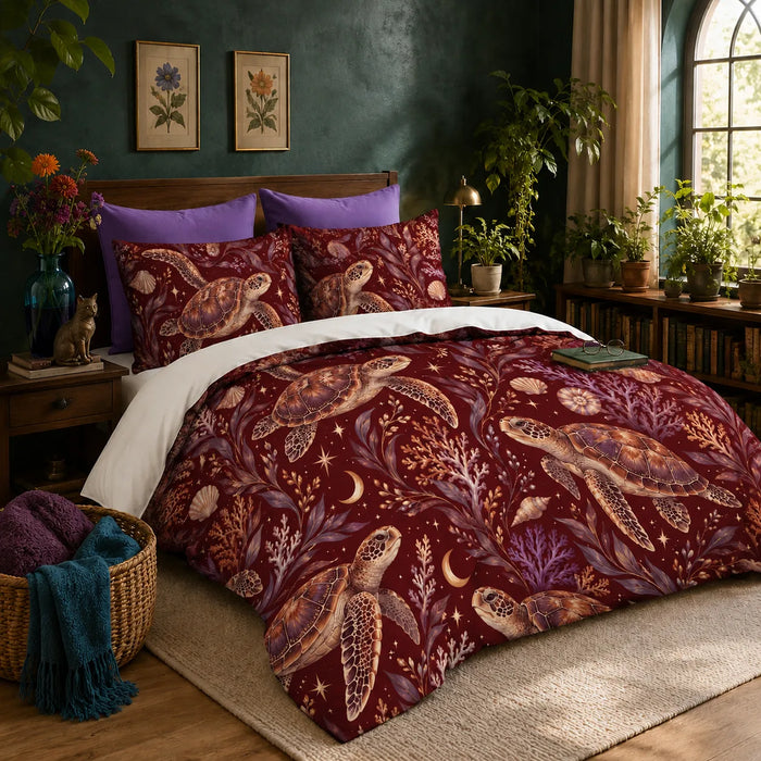 Burgundy Night Sea Turtle duvet cover set — copper sea turtles with purple coral, shells, crescent moons and stars on deep burgundy