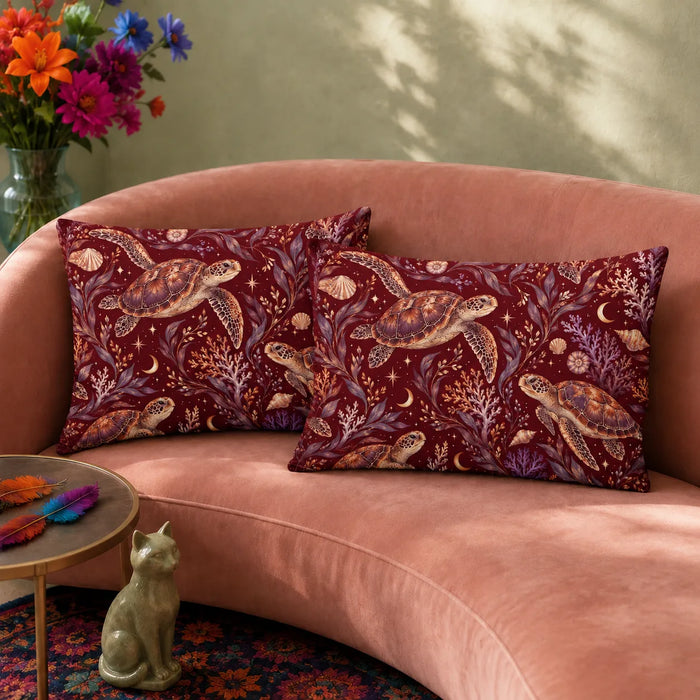 Burgundy Night Sea Turtle pillowcase set — copper sea turtles with purple coral, shells, crescent moons and stars on deep burgundy