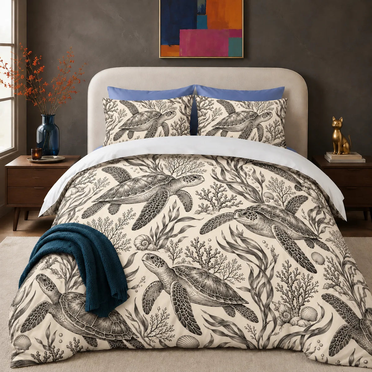 Charcoal Engraving Sea Turtle comforter set — charcoal engraved sea turtles with kelp, coral and shells on cream