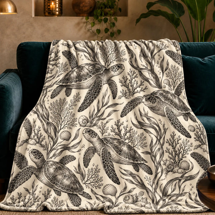 Charcoal Engraving Sea Turtle fleece throw blanket — charcoal engraved sea turtles with kelp, coral and shells on cream