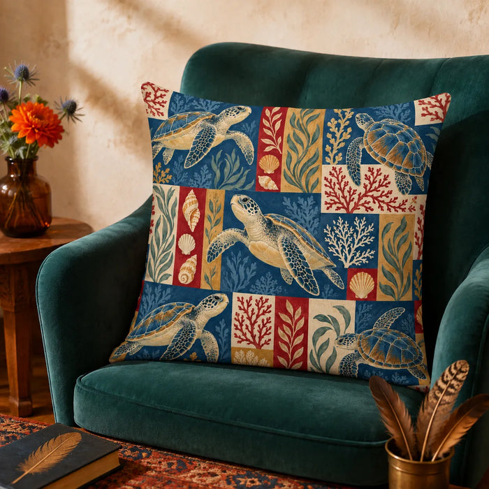 Heirloom Patchwork Sea Turtle cushion cover set — sea turtles, coral and shells in navy, red, mustard and cream patchwork blocks