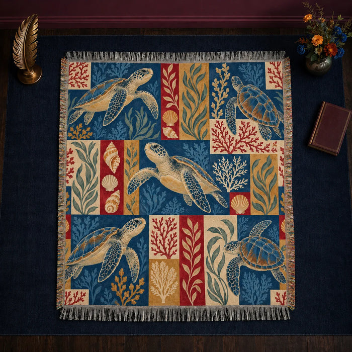 Heirloom Patchwork Sea Turtle woven throw blanket — sea turtles, coral and shells in navy, red, mustard and cream patchwork blocks