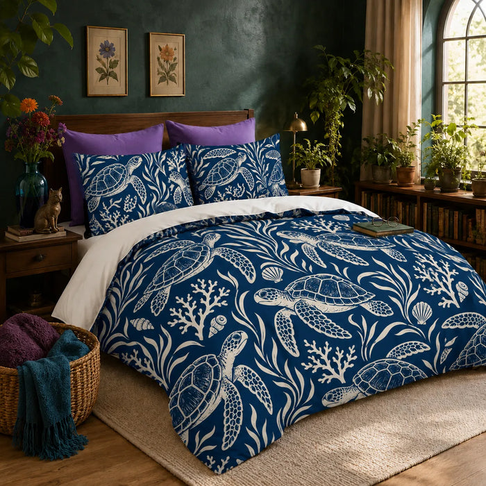 Indigo Block Print Sea Turtle duvet cover set — cream outline sea turtles with coral, seaweed and shells on deep indigo blue