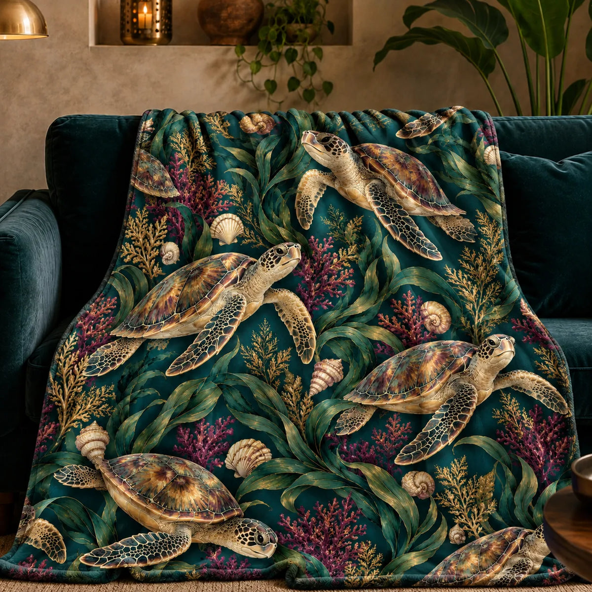 Jewel Botanical Sea Turtle fleece throw blanket — gold-shelled sea turtles among emerald kelp, magenta coral and cream shells on deep teal
