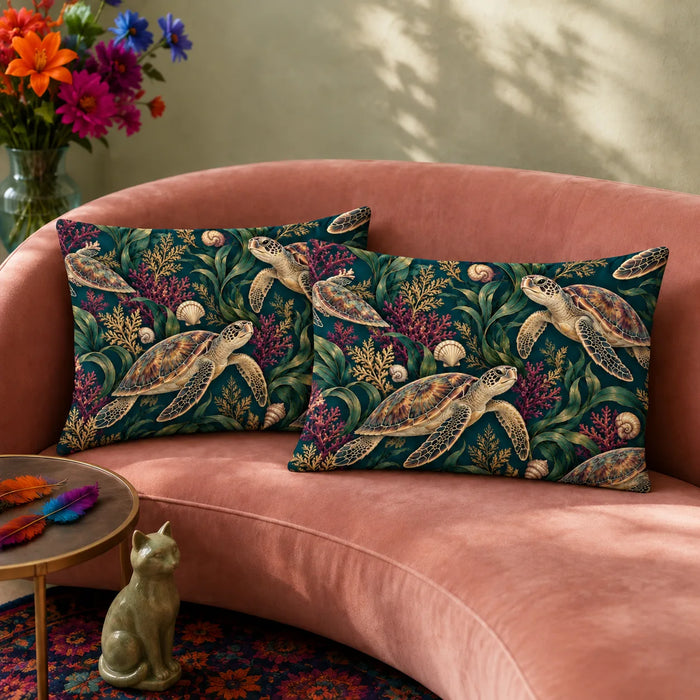 Jewel Botanical Sea Turtle pillowcase set — gold-shelled sea turtles among emerald kelp, magenta coral and cream shells on deep teal