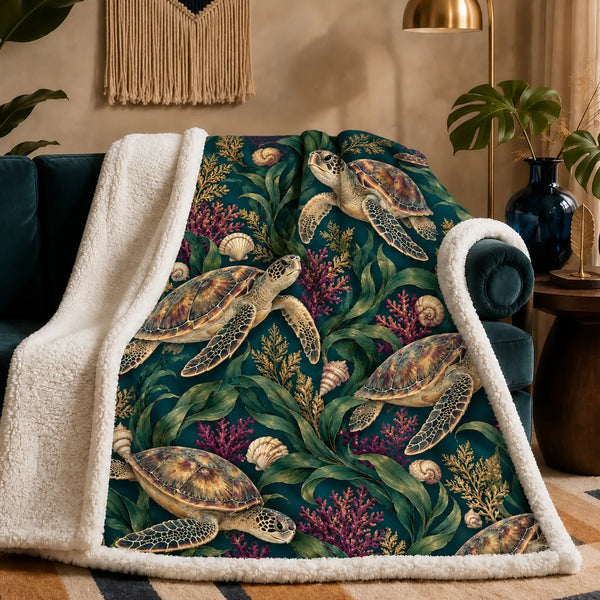 Jewel Botanical Sea Turtle sherpa blanket — gold-shelled sea turtles among emerald kelp, magenta coral and cream shells on deep teal