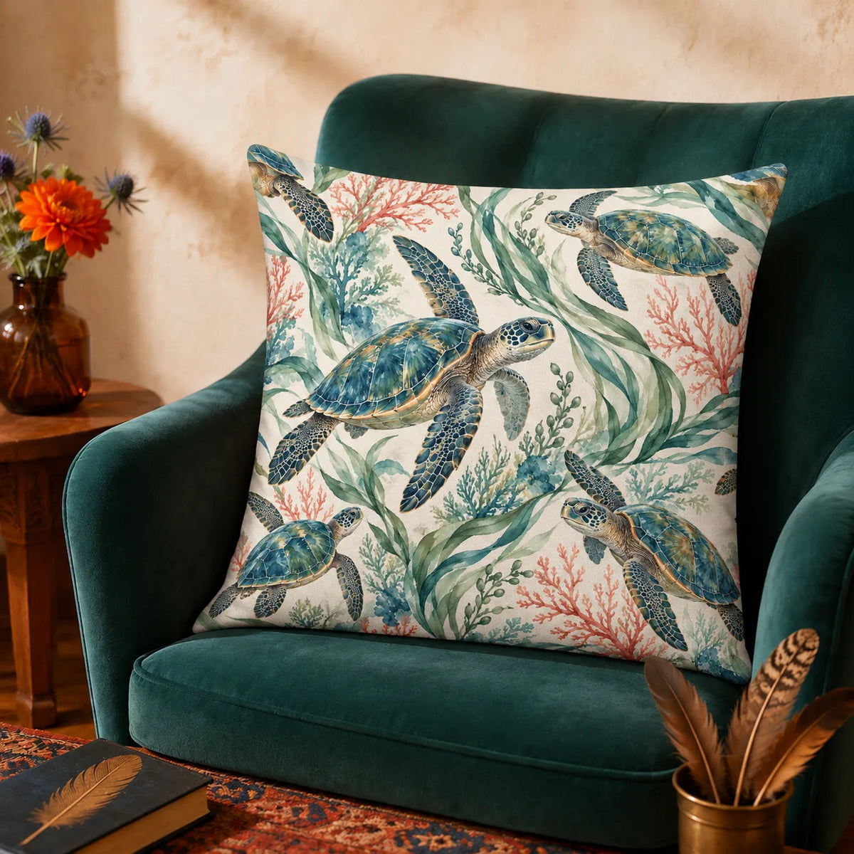 Coral Lagoon Sea Turtle cushion cover set — watercolor sea turtles with blue-green shells among green seagrass and pink coral on cream