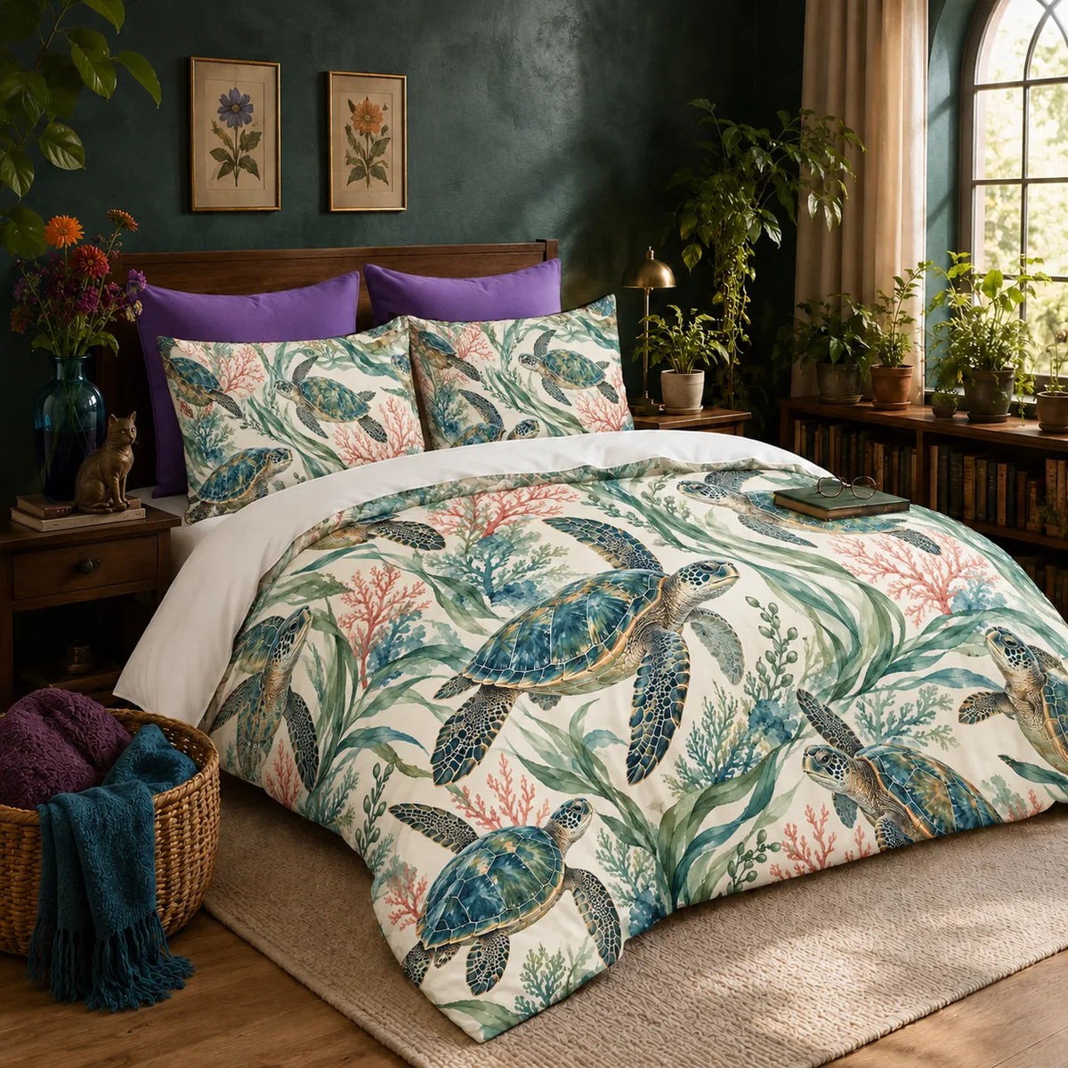 Coral Lagoon Sea Turtle duvet cover set — watercolor sea turtles with blue-green shells among green seagrass and pink coral on cream