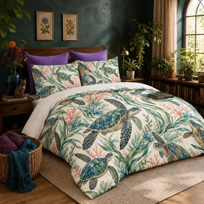 Coral Lagoon Sea Turtle duvet cover set — watercolor sea turtles with blue-green shells among green seagrass and pink coral on cream