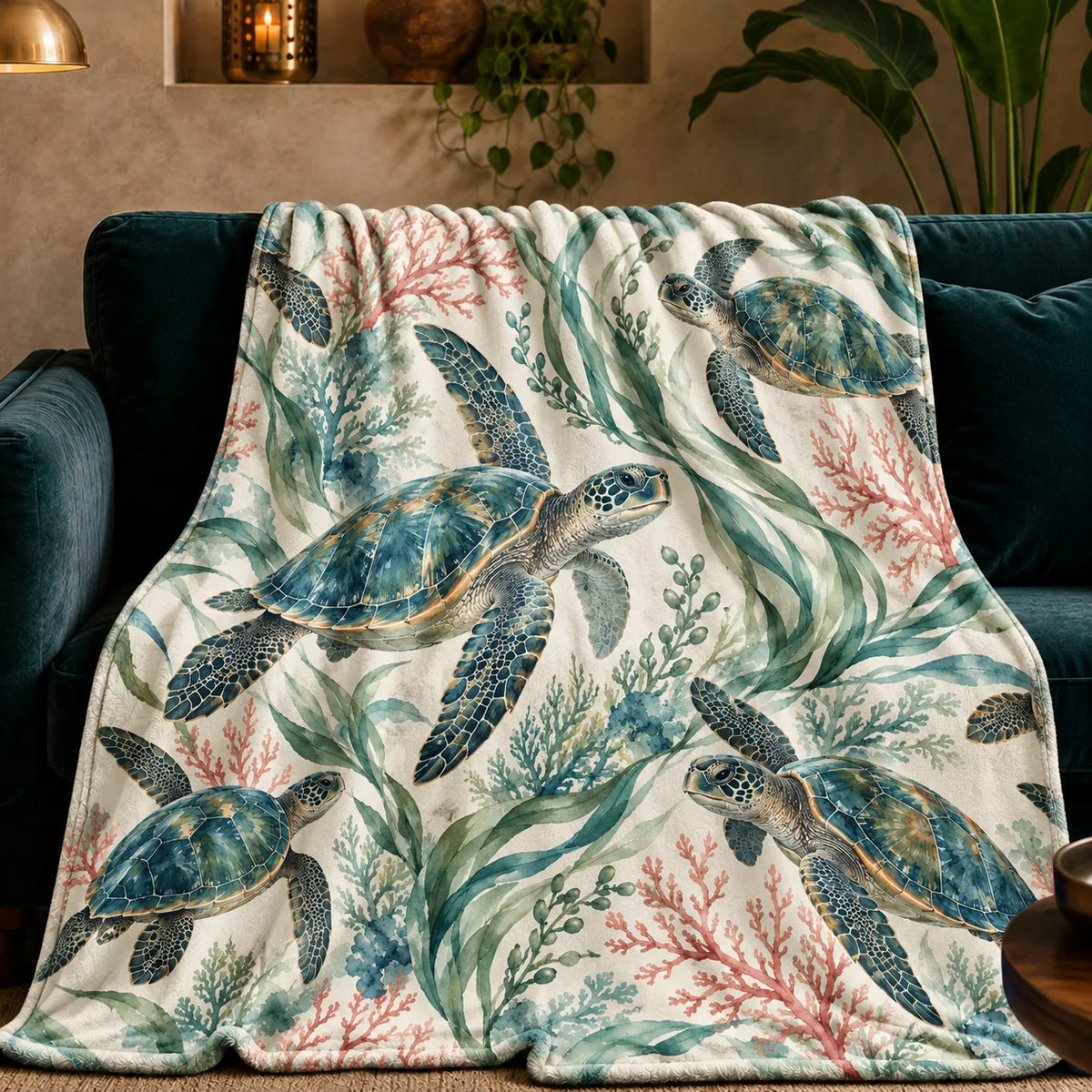Coral Lagoon Sea Turtle fleece throw blanket — watercolor sea turtles with blue-green shells among green seagrass and pink coral on cream