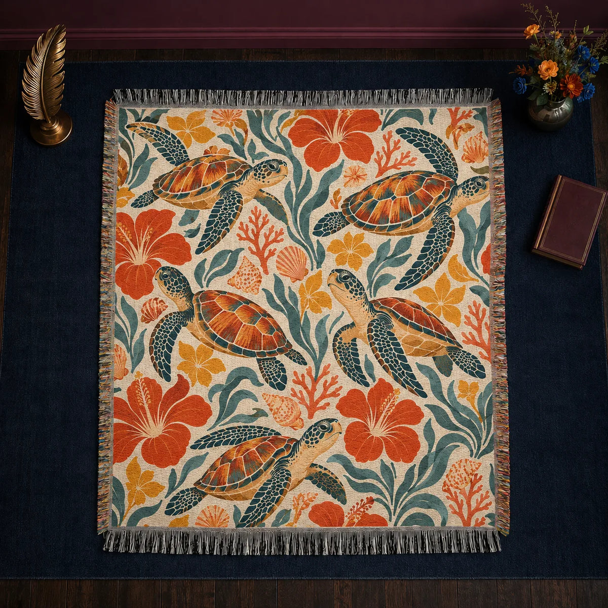 Retro Floral Sea Turtle woven throw blanket — orange-shelled sea turtles among red-orange hibiscus, yellow blossoms and teal leaves on cream