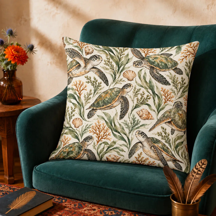 Sage Ink Wash Sea Turtle cushion cover set — sage and olive ink-wash sea turtles with seagrass, ochre coral and shells on cream