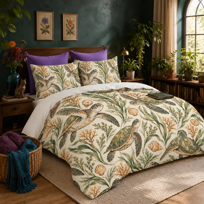 Sage Ink Wash Sea Turtle duvet cover set — sage and olive ink-wash sea turtles with seagrass, ochre coral and shells on cream