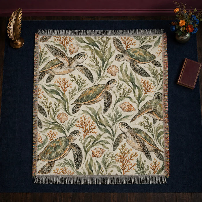 Sage Ink Wash Sea Turtle woven throw blanket — sage and olive ink-wash sea turtles with seagrass, ochre coral and shells on cream
