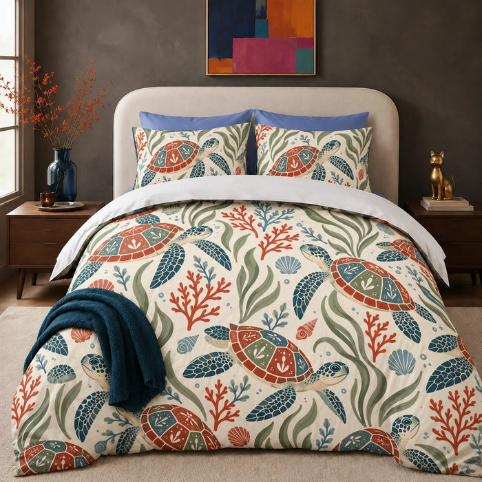 Scandinavian Folk Sea Turtle comforter set — folk art sea turtles with red, blue and sage paneled shells among coral on cream