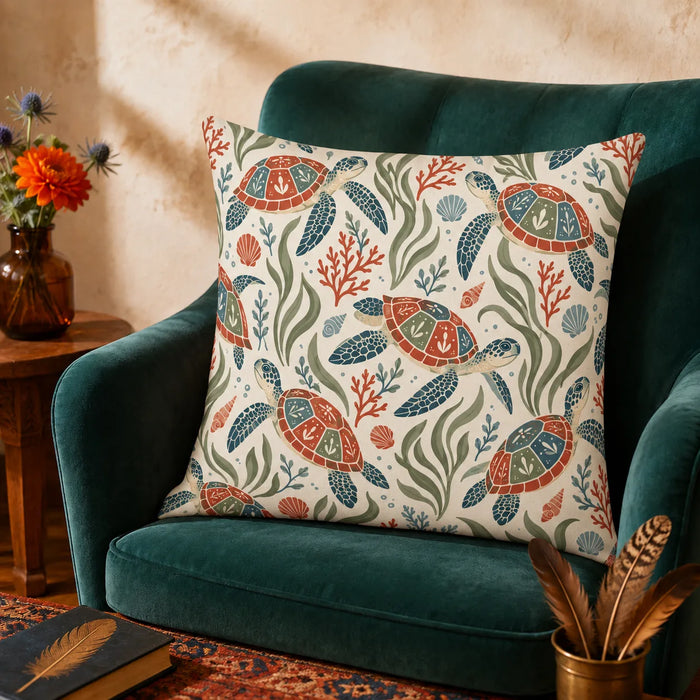 Scandinavian Folk Sea Turtle cushion cover set — folk art sea turtles with red, blue and sage paneled shells among coral on cream