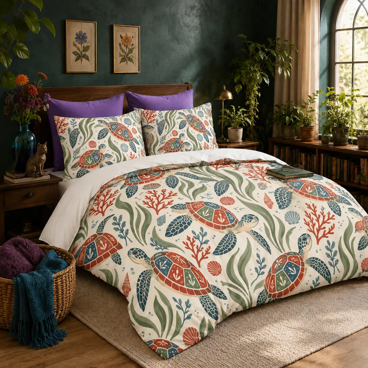 Scandinavian Folk Sea Turtle duvet cover set — folk art sea turtles with red, blue and sage paneled shells among coral on cream