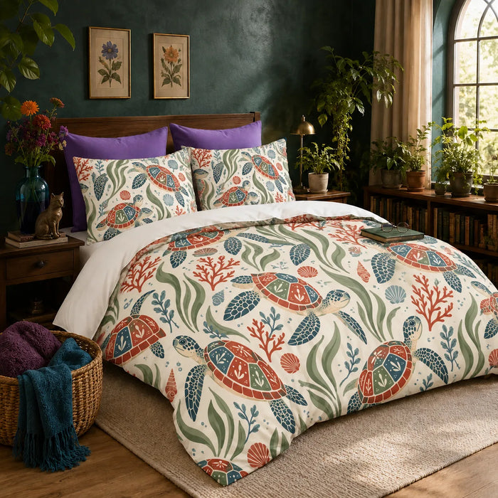 Scandinavian Folk Sea Turtle duvet cover set — folk art sea turtles with red, blue and sage paneled shells among coral on cream