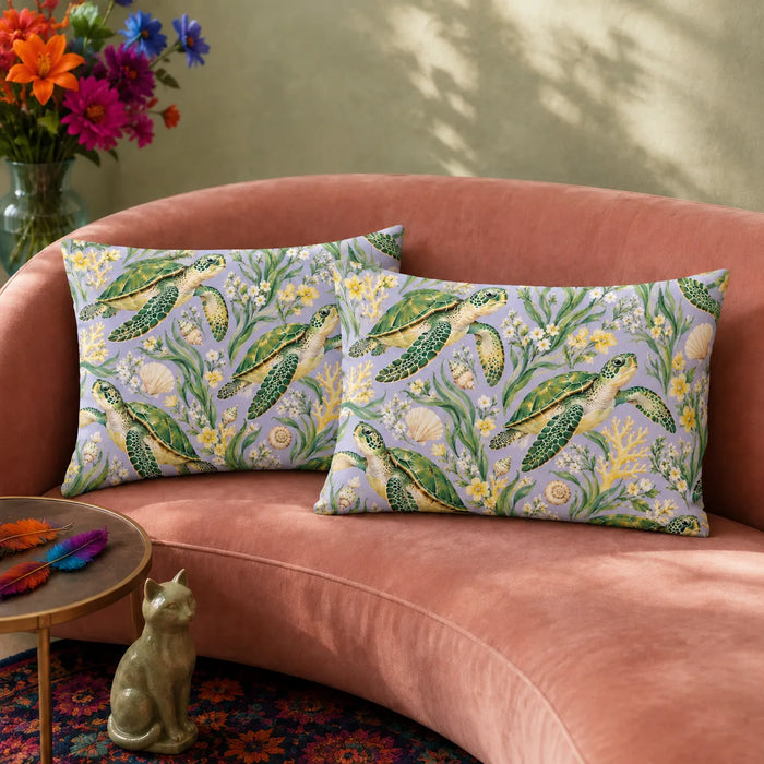 Spring Lilac Sea Turtle pillowcase set — green sea turtles among yellow and white blossoms, seagrass and pale coral on lilac