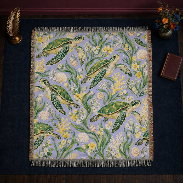 Spring Lilac Sea Turtle woven throw blanket — green sea turtles among yellow and white blossoms, seagrass and pale coral on lilac