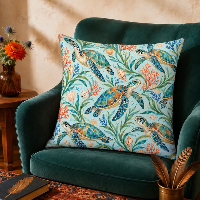 Summer Aqua Sea Turtle cushion cover set — watercolor teal sea turtles with orange coral, blue coral and seagrass on pale aqua