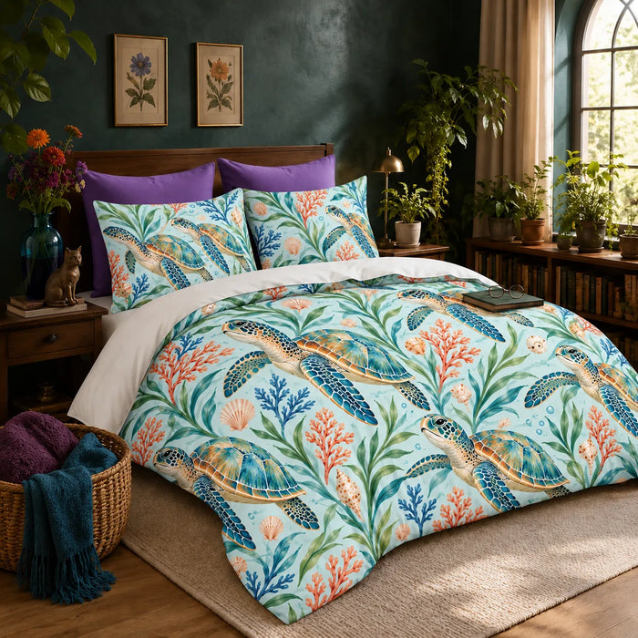 Summer Aqua Sea Turtle duvet cover set — watercolor teal sea turtles with orange coral, blue coral and seagrass on pale aqua