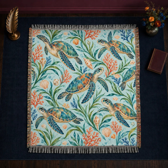 Summer Aqua Sea Turtle woven throw blanket — watercolor teal sea turtles with orange coral, blue coral and seagrass on pale aqua