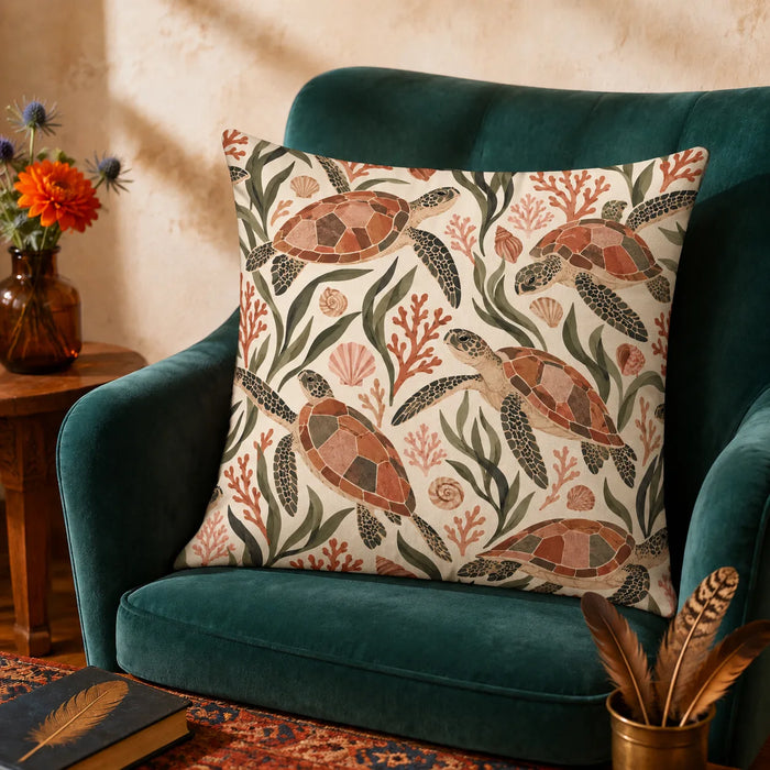Terracotta Modern Sea Turtle cushion cover set — terracotta mosaic-shelled sea turtles with olive leaves, coral and shells on cream