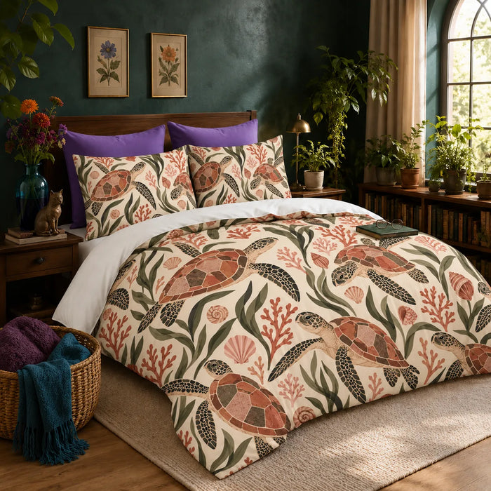 Terracotta Modern Sea Turtle duvet cover set — terracotta mosaic-shelled sea turtles with olive leaves, coral and shells on cream