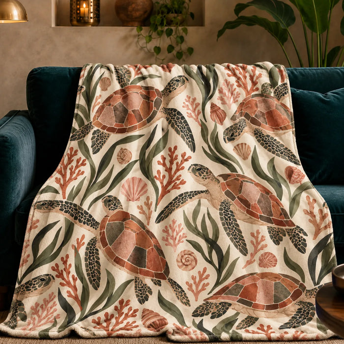 Terracotta Modern Sea Turtle fleece throw blanket — terracotta mosaic-shelled sea turtles with olive leaves, coral and shells on cream