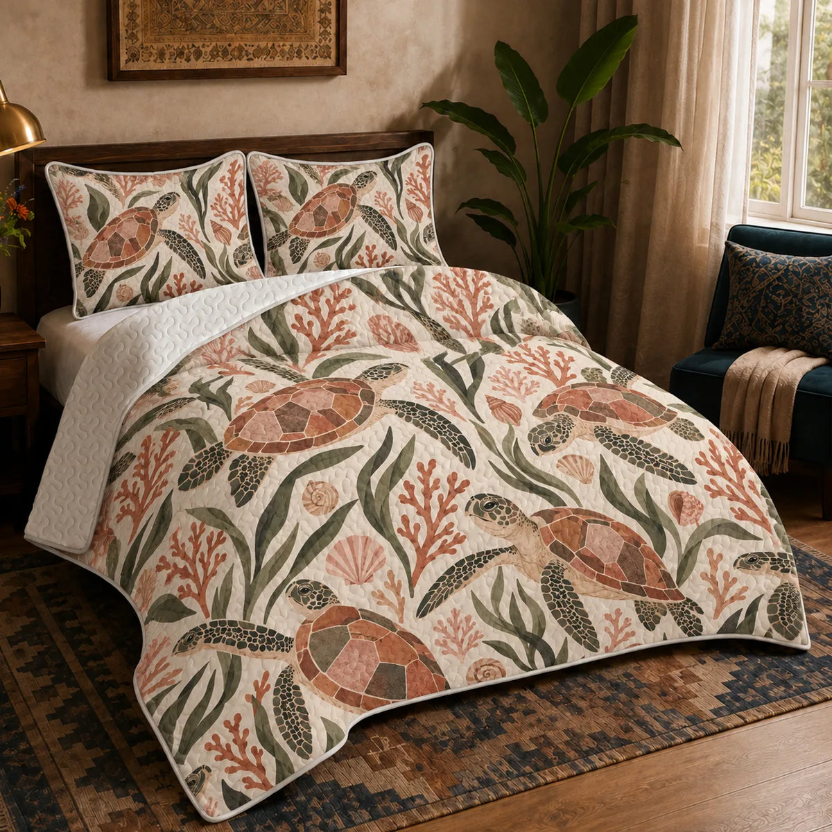 Terracotta Modern Sea Turtle quilt set — terracotta mosaic-shelled sea turtles with olive leaves, coral and shells on cream