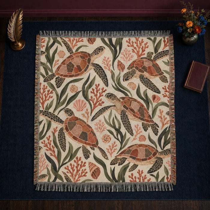 Terracotta Modern Sea Turtle woven throw blanket — terracotta mosaic-shelled sea turtles with olive leaves, coral and shells on cream