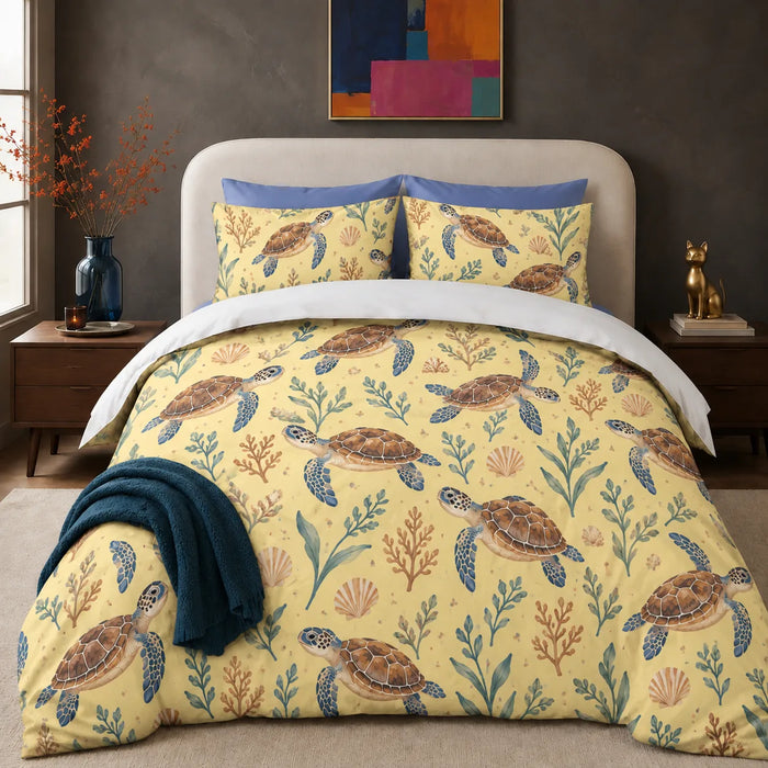 Tiny Ditsy Sea Turtle comforter set — small brown sea turtles with sage sprigs, rust coral and shells on butter yellow