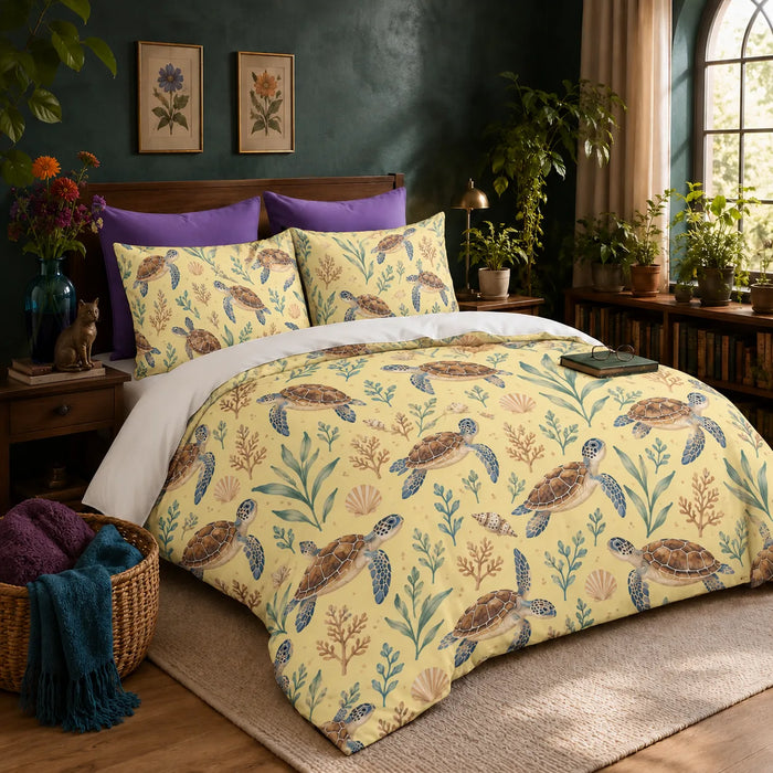 Tiny Ditsy Sea Turtle duvet cover set — small brown sea turtles with sage sprigs, rust coral and shells on butter yellow