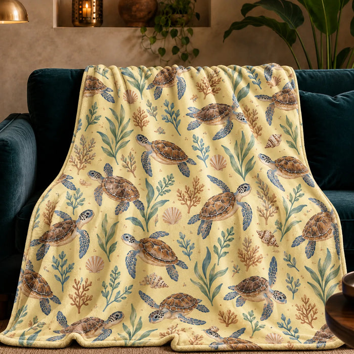 Tiny Ditsy Sea Turtle fleece throw blanket — small brown sea turtles with sage sprigs, rust coral and shells on butter yellow