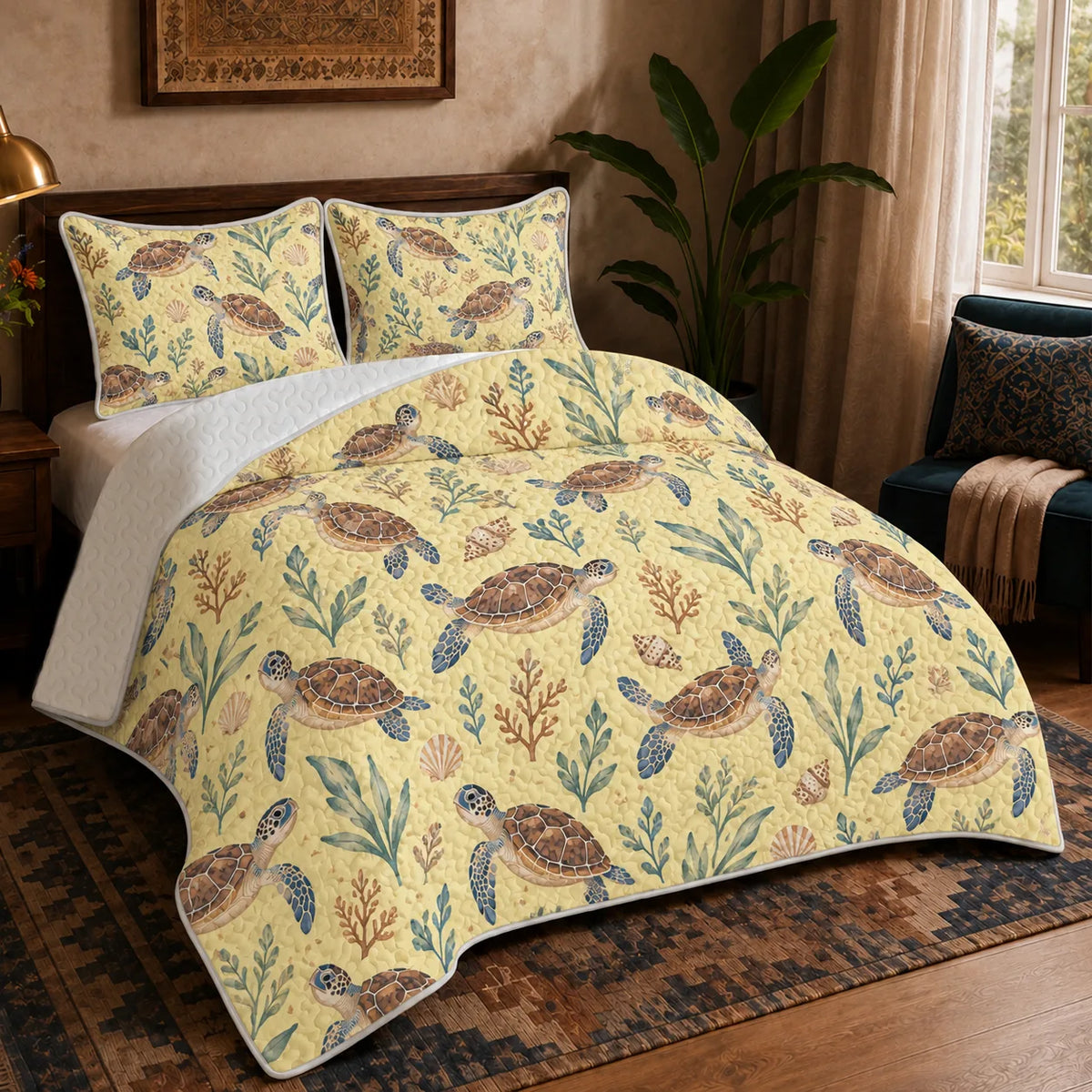 Tiny Ditsy Sea Turtle quilt set — small brown sea turtles with sage sprigs, rust coral and shells on butter yellow