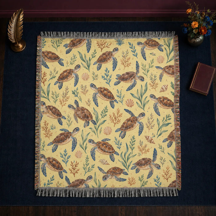 Tiny Ditsy Sea Turtle woven throw blanket — small brown sea turtles with sage sprigs, rust coral and shells on butter yellow