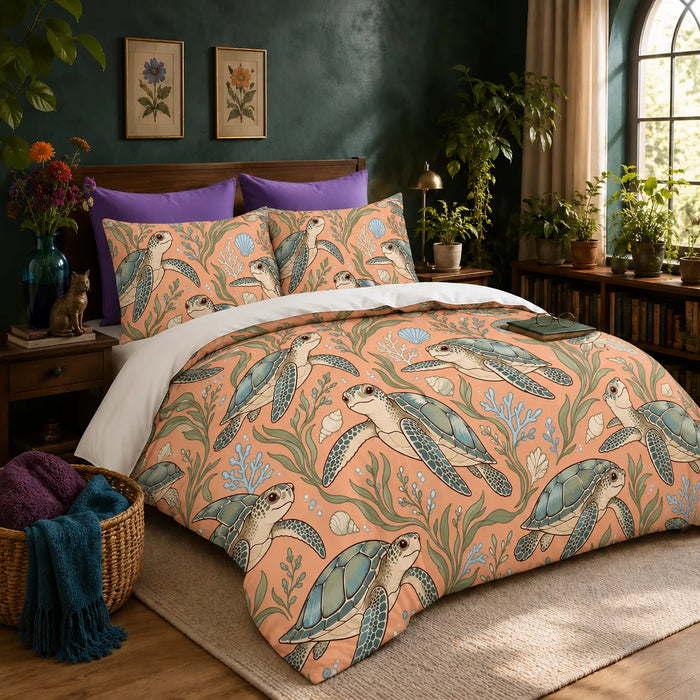 Whimsical Contour Sea Turtle duvet cover set — big-eyed cartoon sea turtles with blue-green shells, seagrass and blue coral on apricot