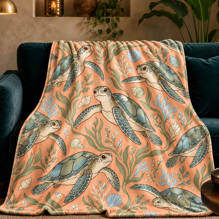 Whimsical Contour Sea Turtle fleece throw blanket — big-eyed cartoon sea turtles with blue-green shells, seagrass and blue coral on apricot