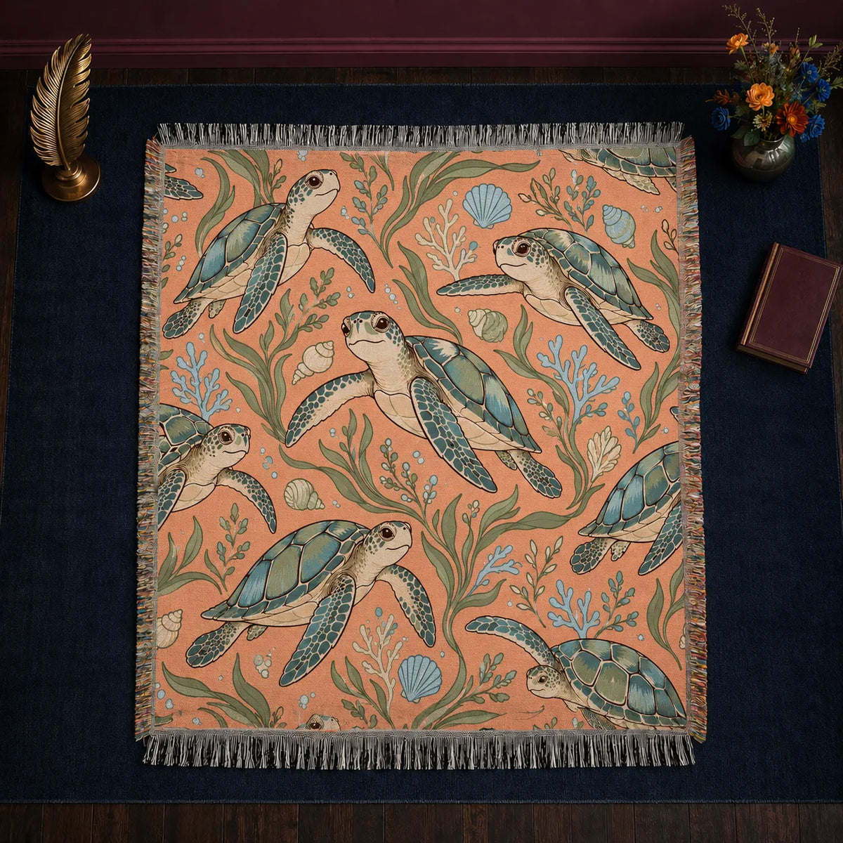 Whimsical Contour Sea Turtle woven throw blanket — big-eyed cartoon sea turtles with blue-green shells, seagrass and blue coral on apricot