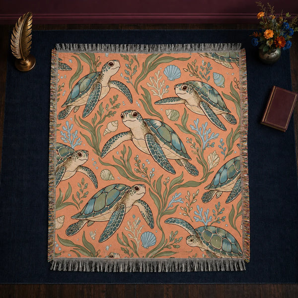 Whimsical Contour Sea Turtle woven throw blanket — big-eyed cartoon sea turtles with blue-green shells, seagrass and blue coral on apricot