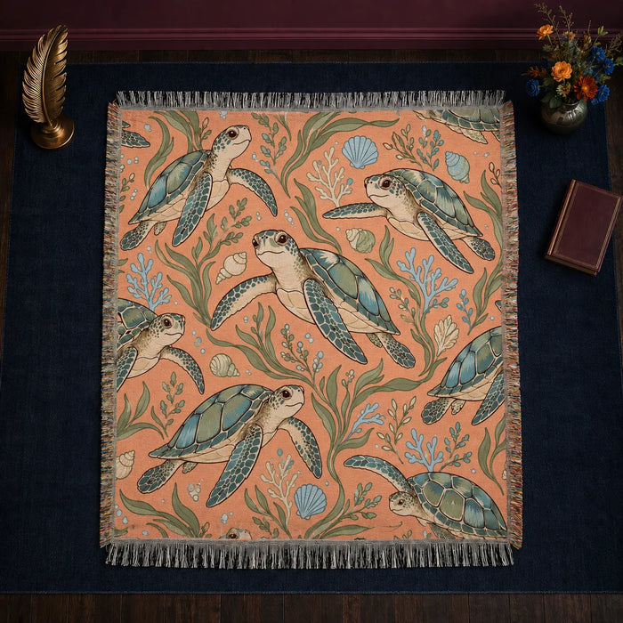 Whimsical Contour Sea Turtle woven throw blanket — big-eyed cartoon sea turtles with blue-green shells, seagrass and blue coral on apricot